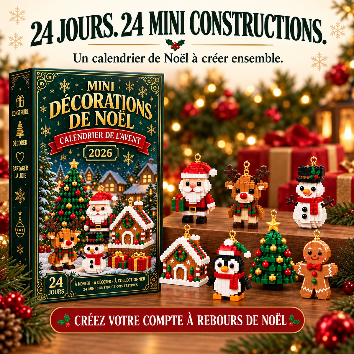 ⏳ Dernier jour pour économiser 49 % – 🎄 Calendrier de l'Avent 24 jours de mini-décorations de Noël | 24 modèles festifs uniques à construire, avec attache pour les suspendre — parfaits pour décorer le sapin, les couronnes et la déco de Noël 🧱