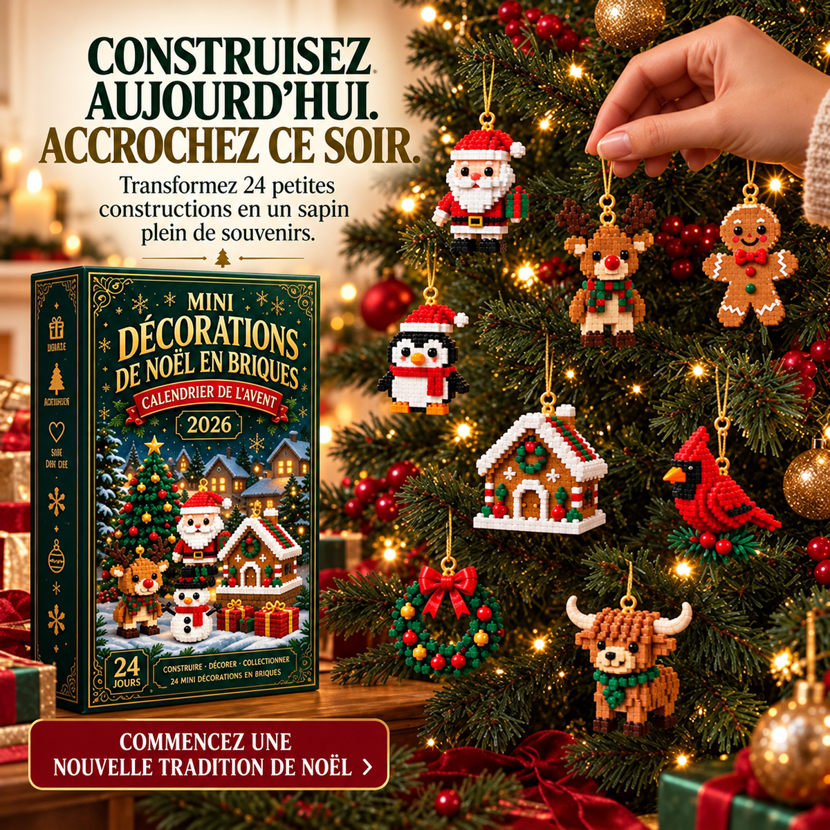 ⏳ Dernier jour pour économiser 49 % – 🎄 Calendrier de l'Avent 24 jours de mini-décorations de Noël | 24 modèles festifs uniques à construire, avec attache pour les suspendre — parfaits pour décorer le sapin, les couronnes et la déco de Noël 🧱