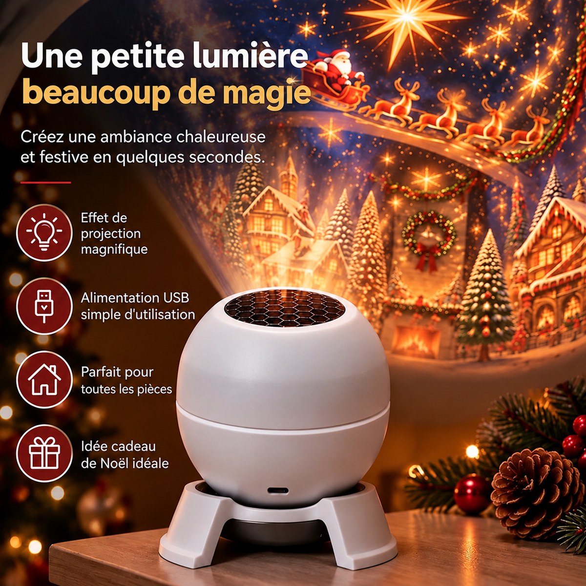 💡 Transformez n'importe quelle pièce en féerie de Noël – Veilleuse projecteur de Noël